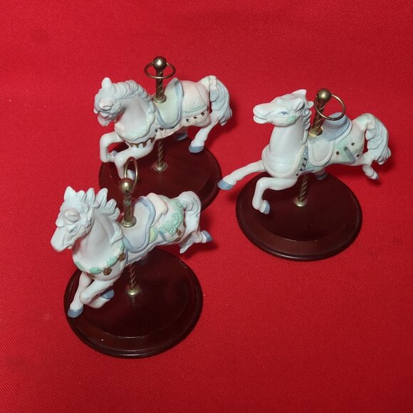 Vintage Bisque Porcelain Carousel Horse Wood Stand Lot of 3 - Picture 7 of 11